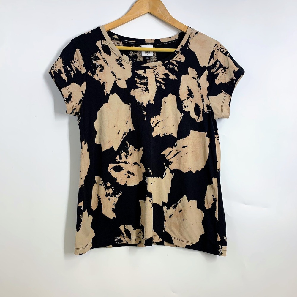 Cabi Black Beige Abstract Print Short Sleeve Crew Neck T Shirt Women's Size S